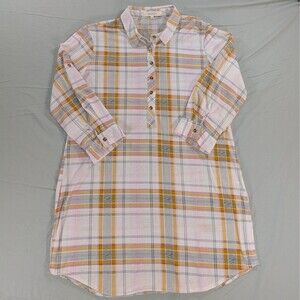 Eden Olivia Womens Flannel Plaid Button Up Tunic Shirt Large Pink/Blue/Brown